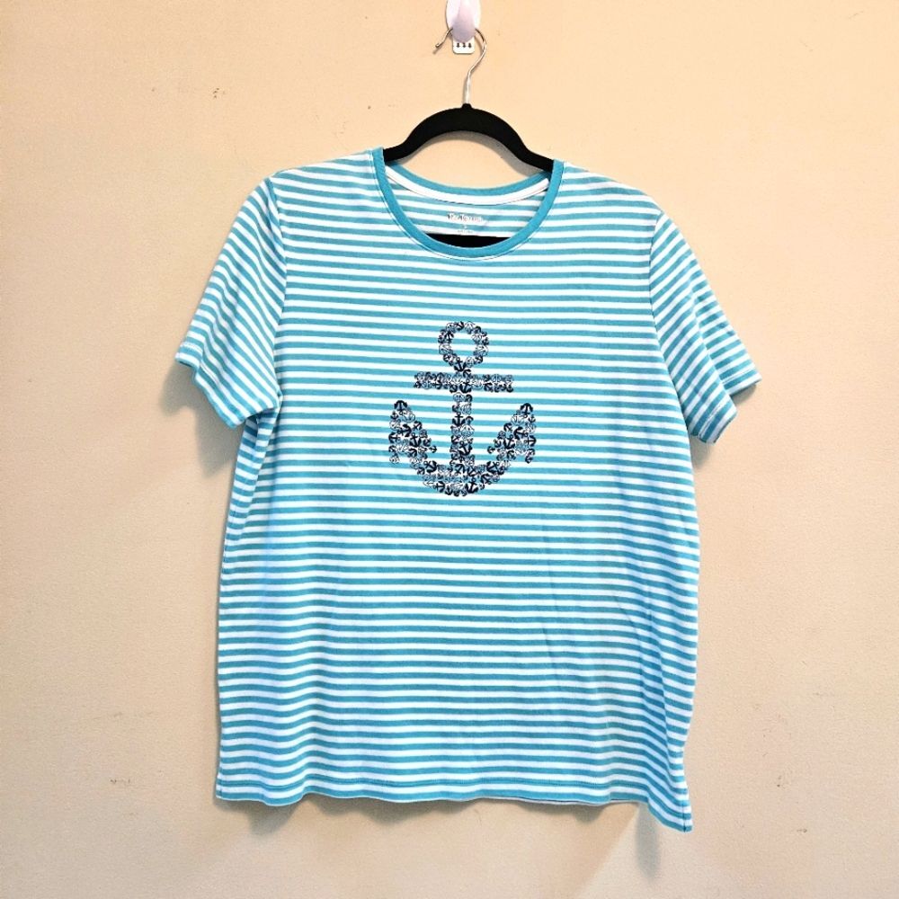 Kim Rogers Top Women Size L Teal/White Striped with Blue Anchor Side Slits